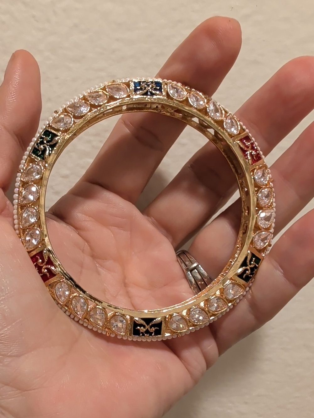 Polki Indian Gold-Tone Multicolor Crystal Bangle Bracelet Pearls Enamel inlay